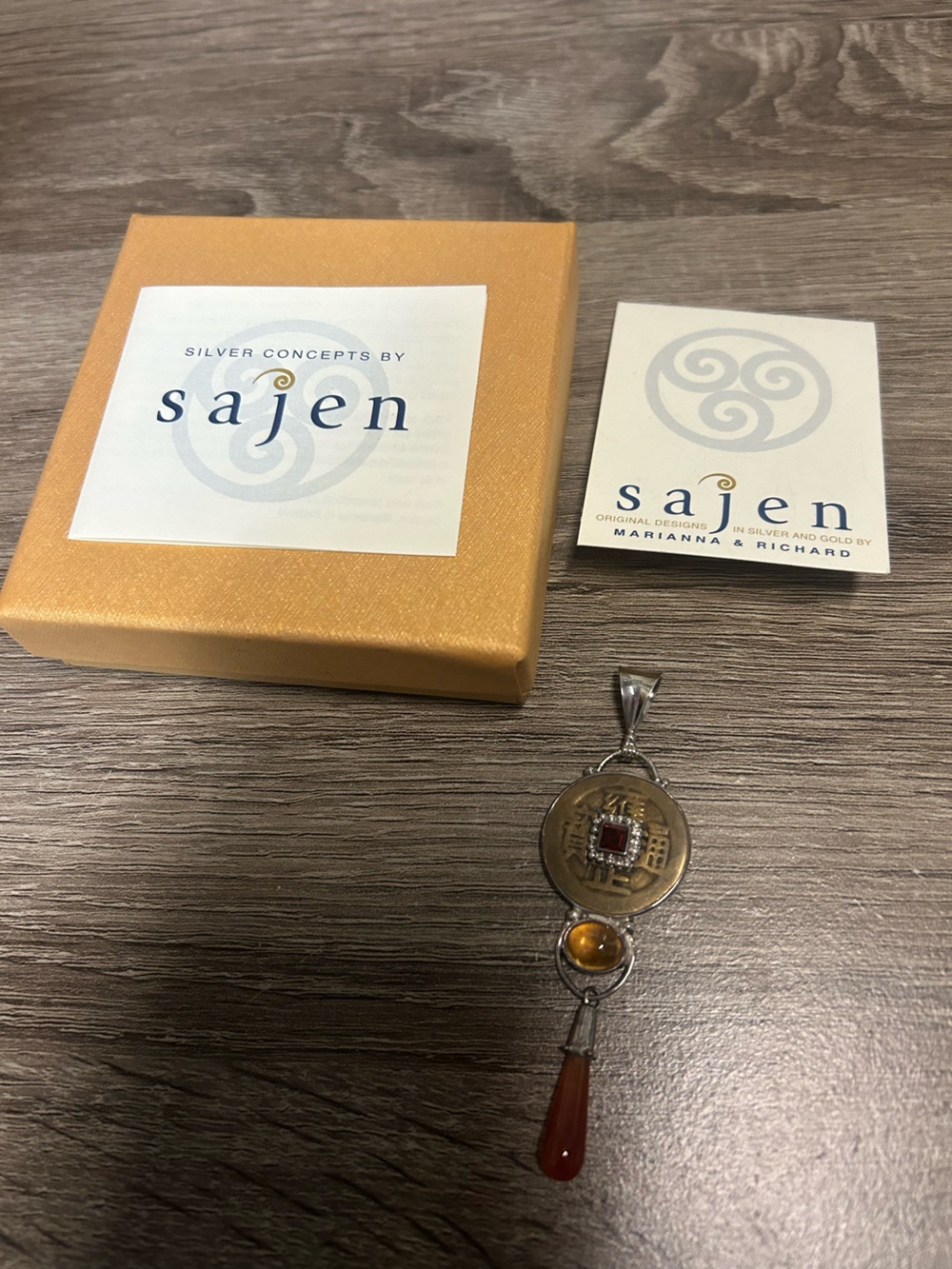 Sajen Silver asian coin Pendant with Amber and Garnet carnelian Accents no chain